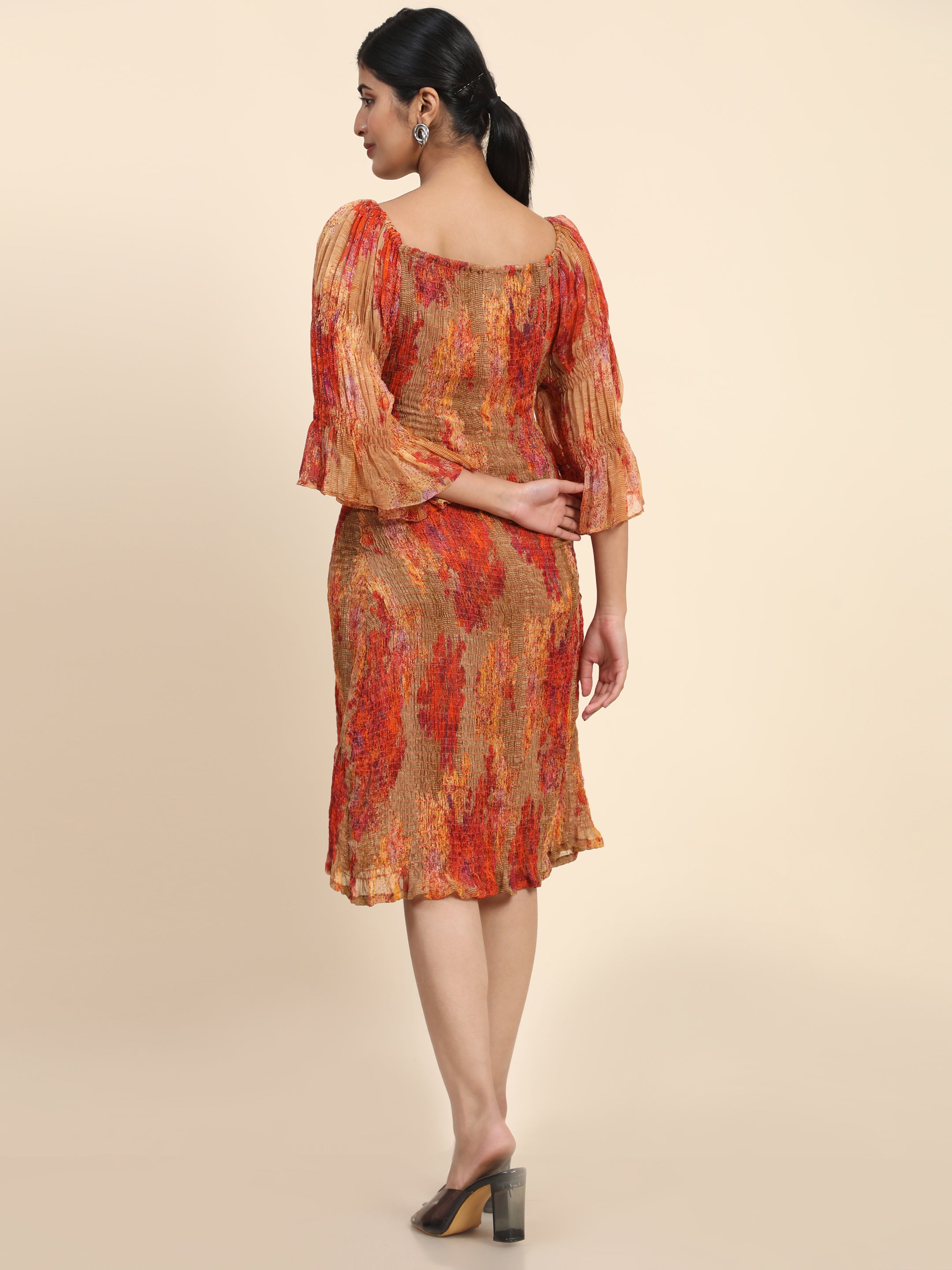 Aawari Women Chiffon Nasturcian Flower Printed A-Line Midi Dresses / Western Wear