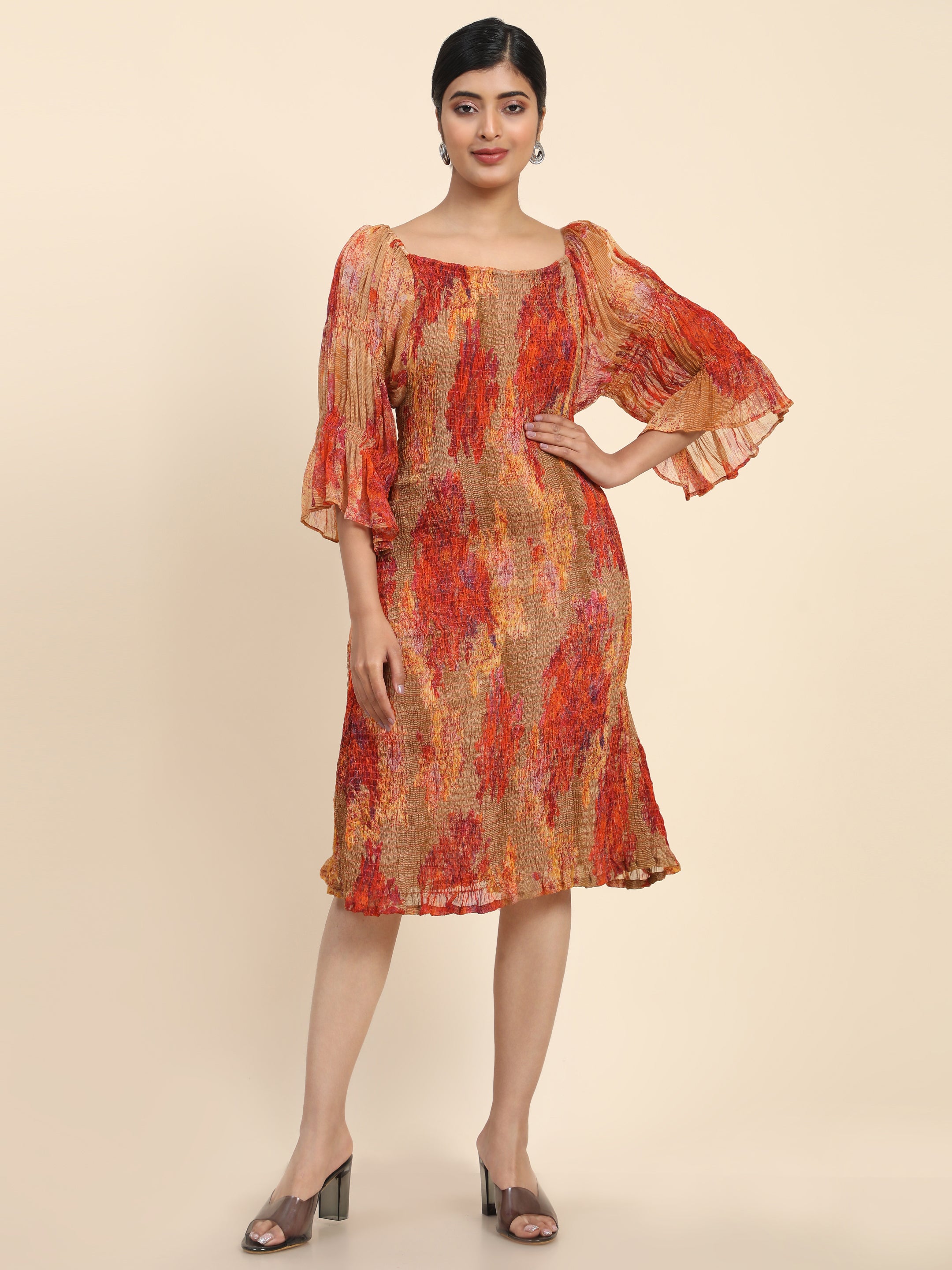 Aawari Women Chiffon Nasturcian Flower Printed A-Line Midi Dresses / Western Wear