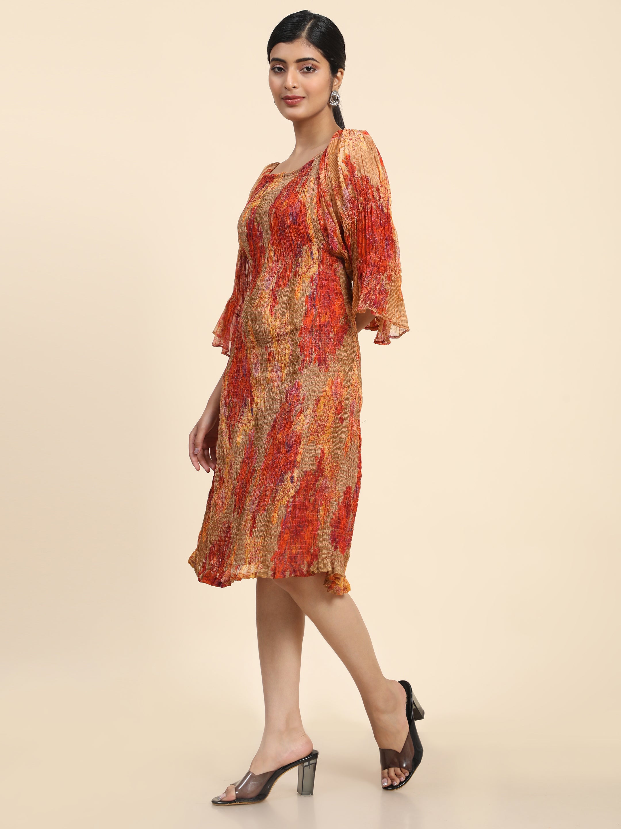 Aawari Women Chiffon Nasturcian Flower Printed A-Line Midi Dresses / Western Wear