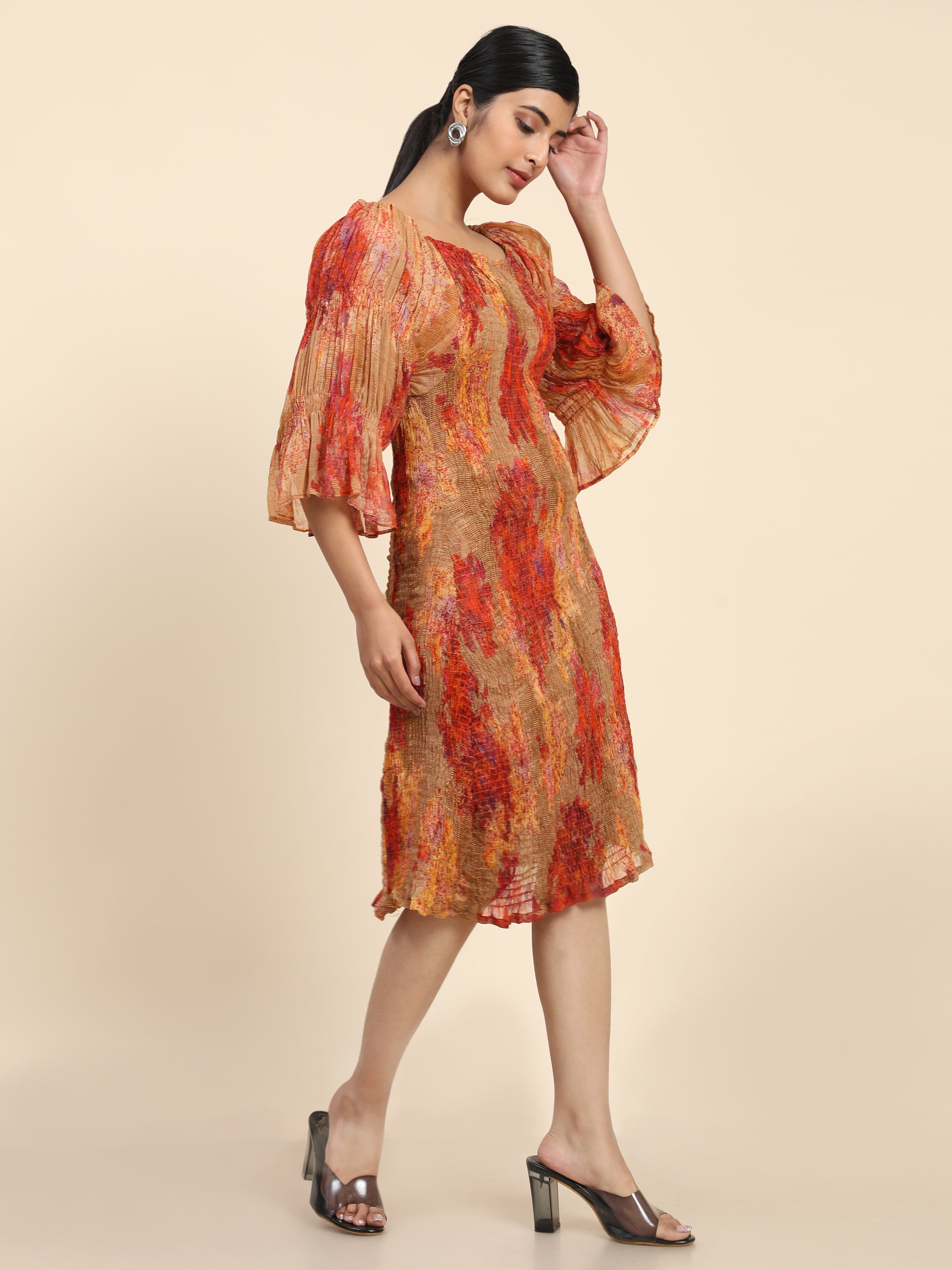Aawari Women Chiffon Nasturcian Flower Printed A-Line Midi Dresses / Western Wear