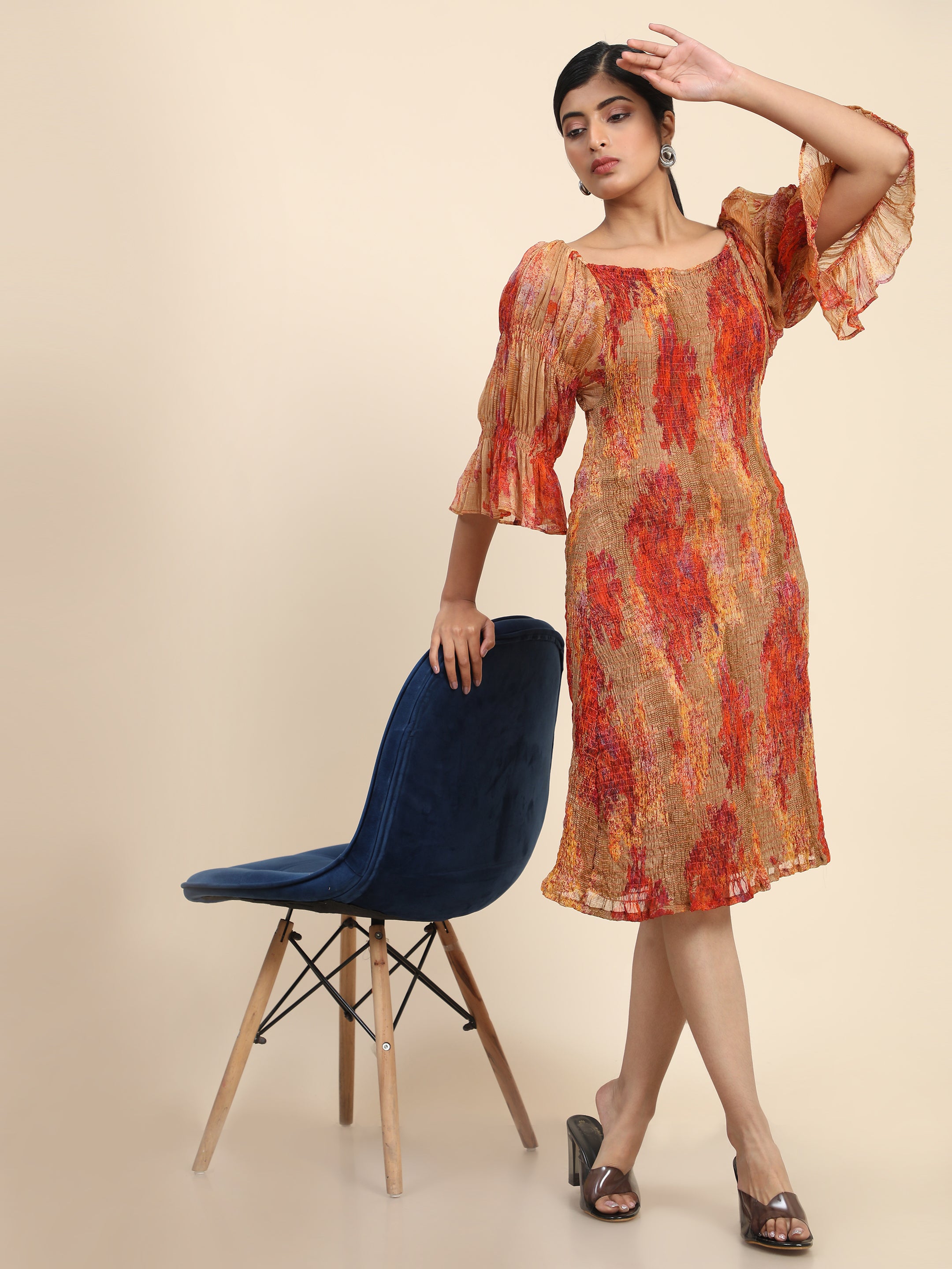 Aawari Women Chiffon Nasturcian Flower Printed A-Line Midi Dresses / Western Wear