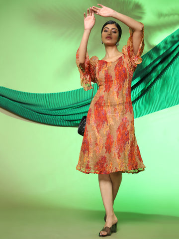 Aawari Women Chiffon Nasturcian Flower Printed A-Line Midi Dresses / Western Wear