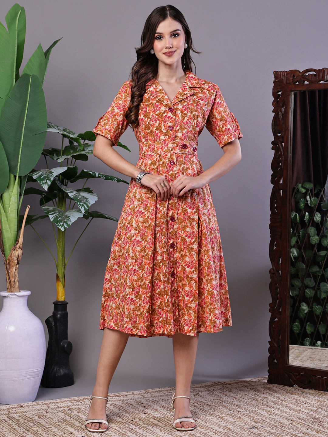 midi western dress for women Aawari Floral Printed Cotton Button-Down Midi Dress for Women