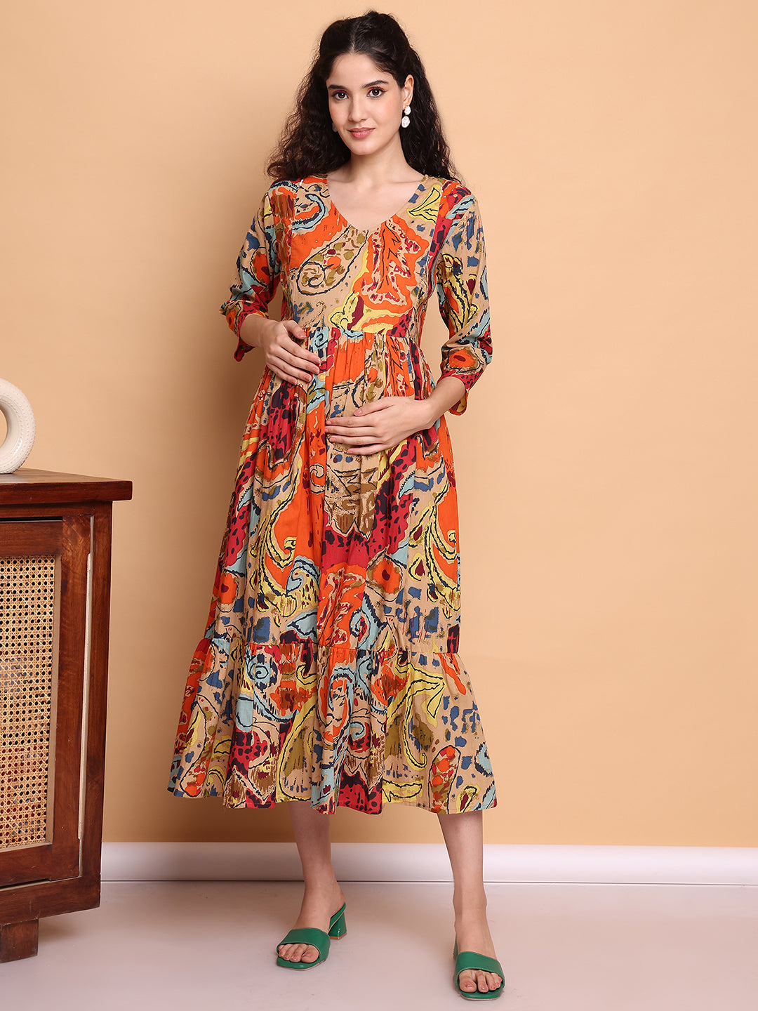 Aawari Bohemian Orange Multicolor Printed Cotton Maternity Dresses with 3/4 Sleeves