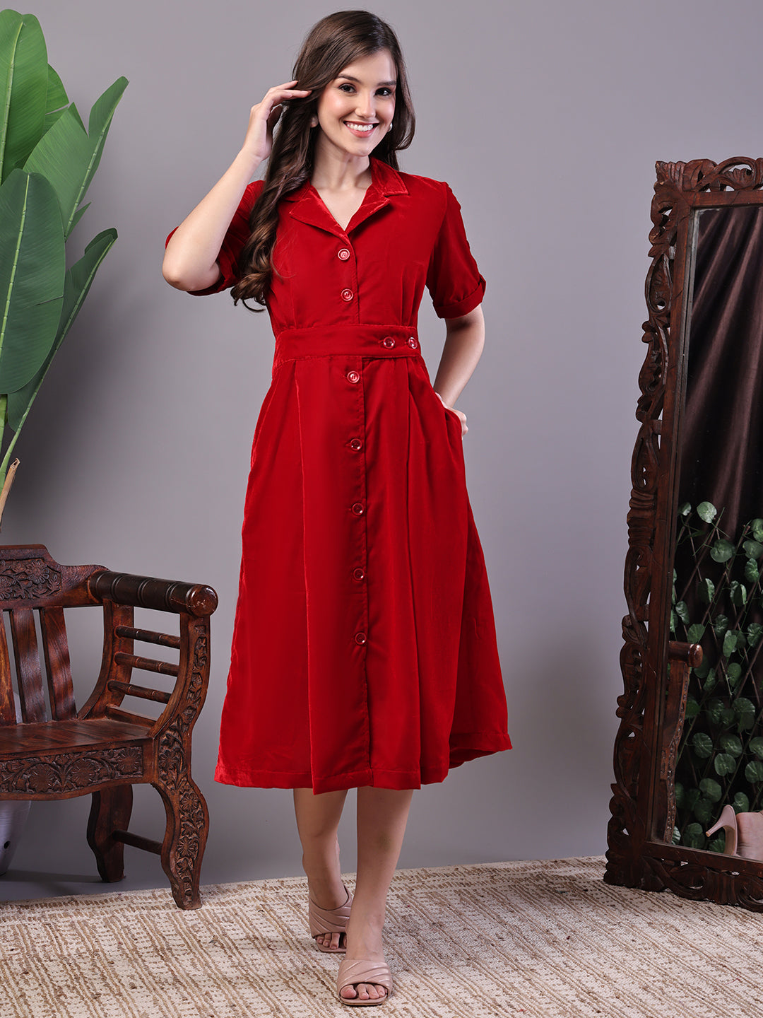 Aawari Red Velvet Shirt Style Midi Dress with Belt - Midi Dresses / Western Wear / Dresses