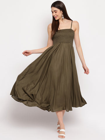 Mocha Brown Solid Rayon Flared Maxi Dress with Smocked Bodice & Spaghetti Straps - Western Wear