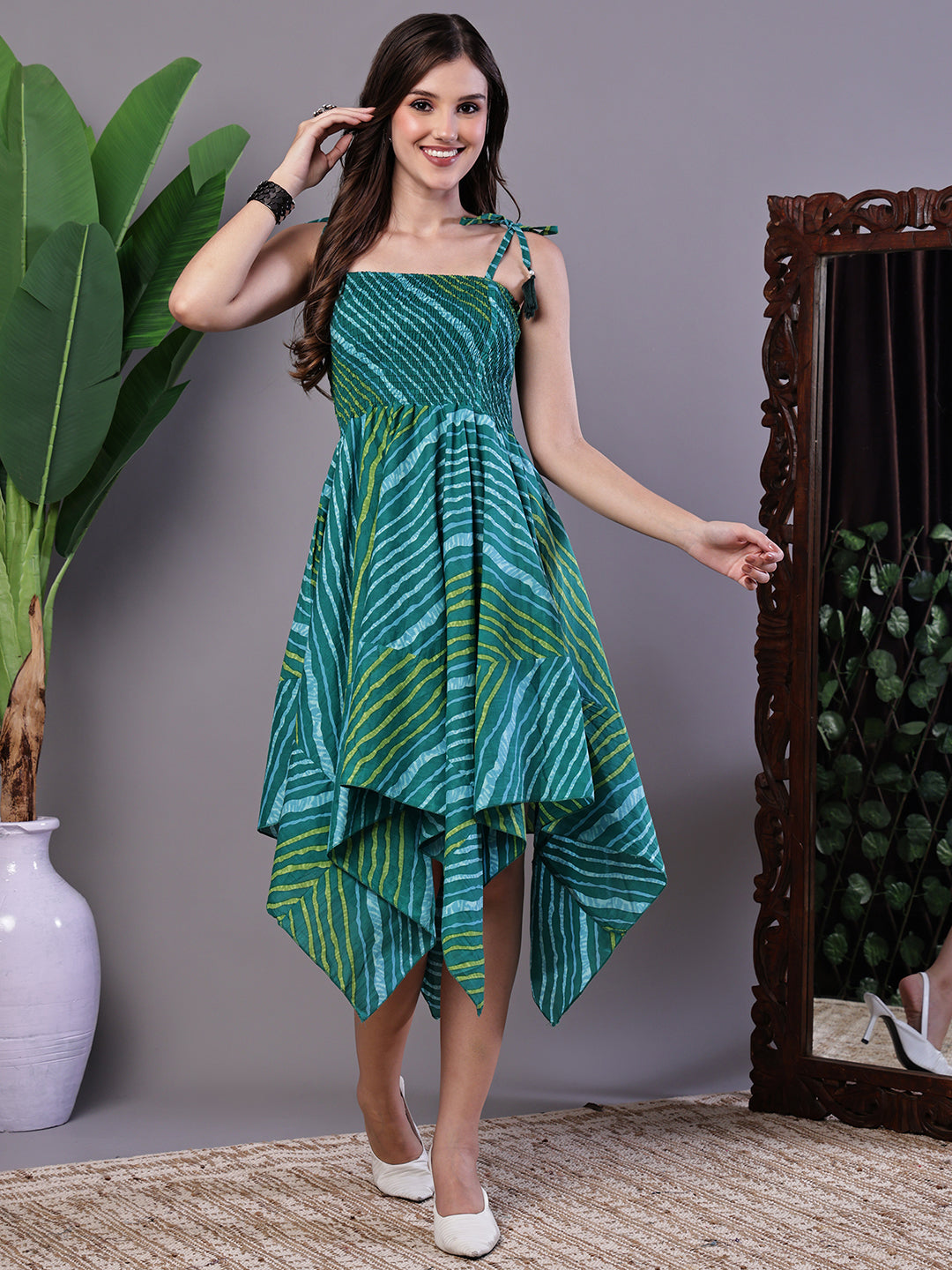 Aawari Leheriya Asymmetrical Hem Smocked A-Line Dress - Midi Dresses / Aawari Leheriya Asymmetrical Hem Smocked A-Line Dress - Midi Dresses /