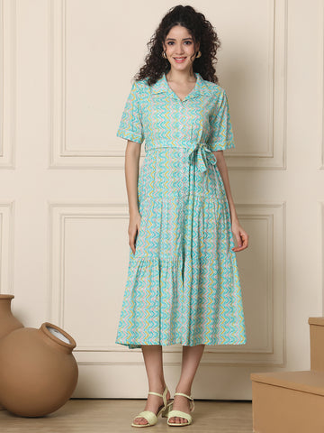 Aawari Aqua Blue ZigZag Print Shirt Dresses With Waist Belt / Western Wear