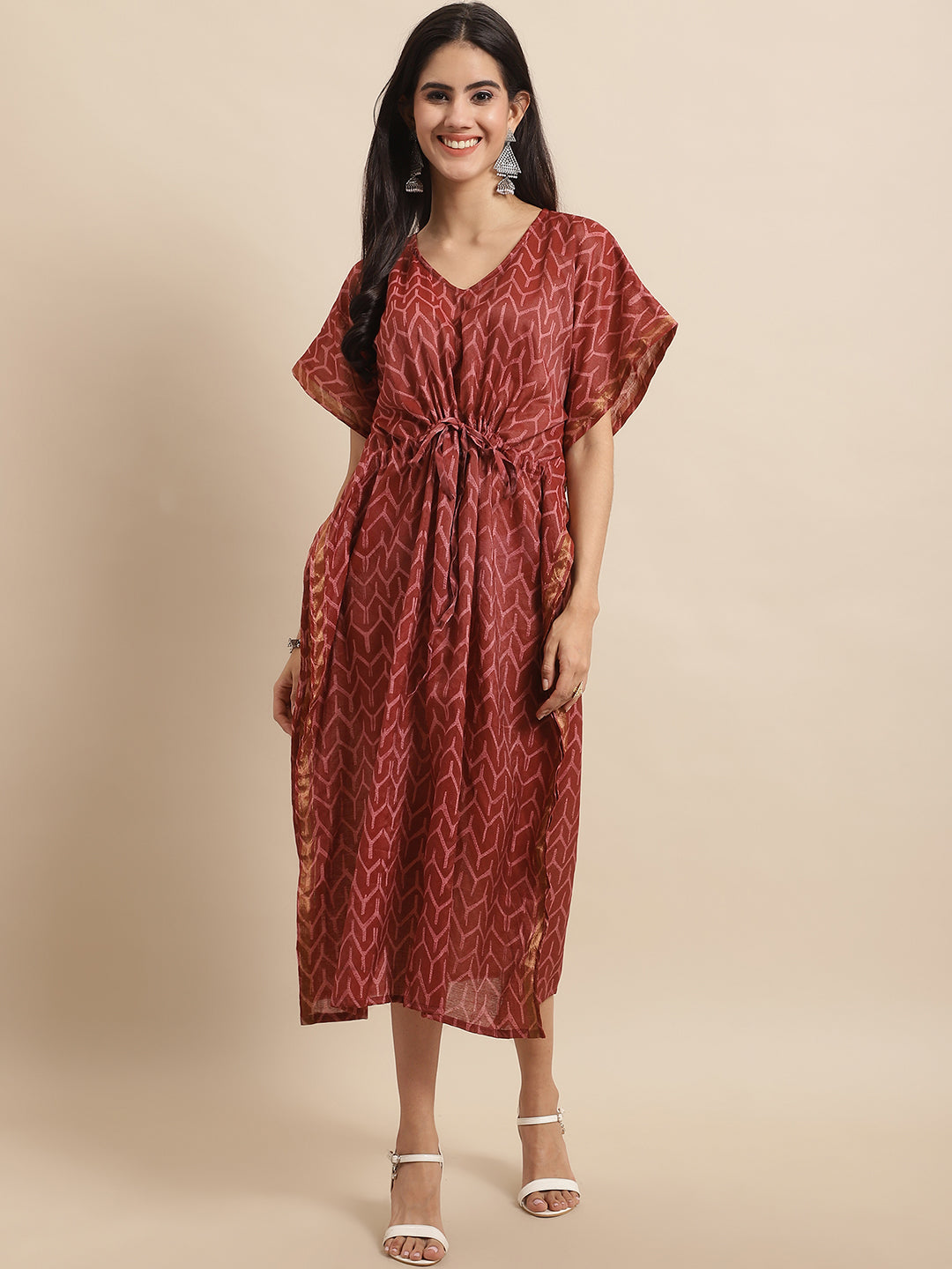Aawari Maroon Chanderi Printed Kaftaan Dress with Drawstring Waist