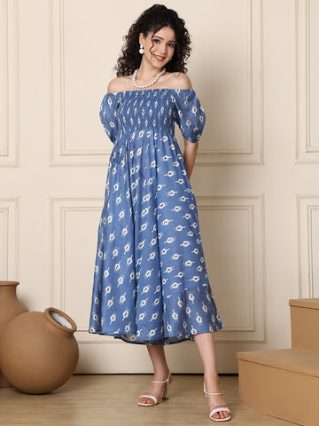 Aawari Chanderi Unique Printed Off Shoulder Dress