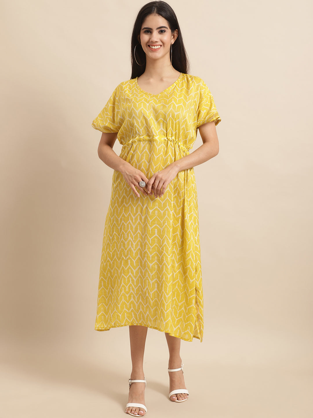 Aawari Yellow Chanderi Printed Kaftaan Dress with Relaxed Fit - Kaftaan