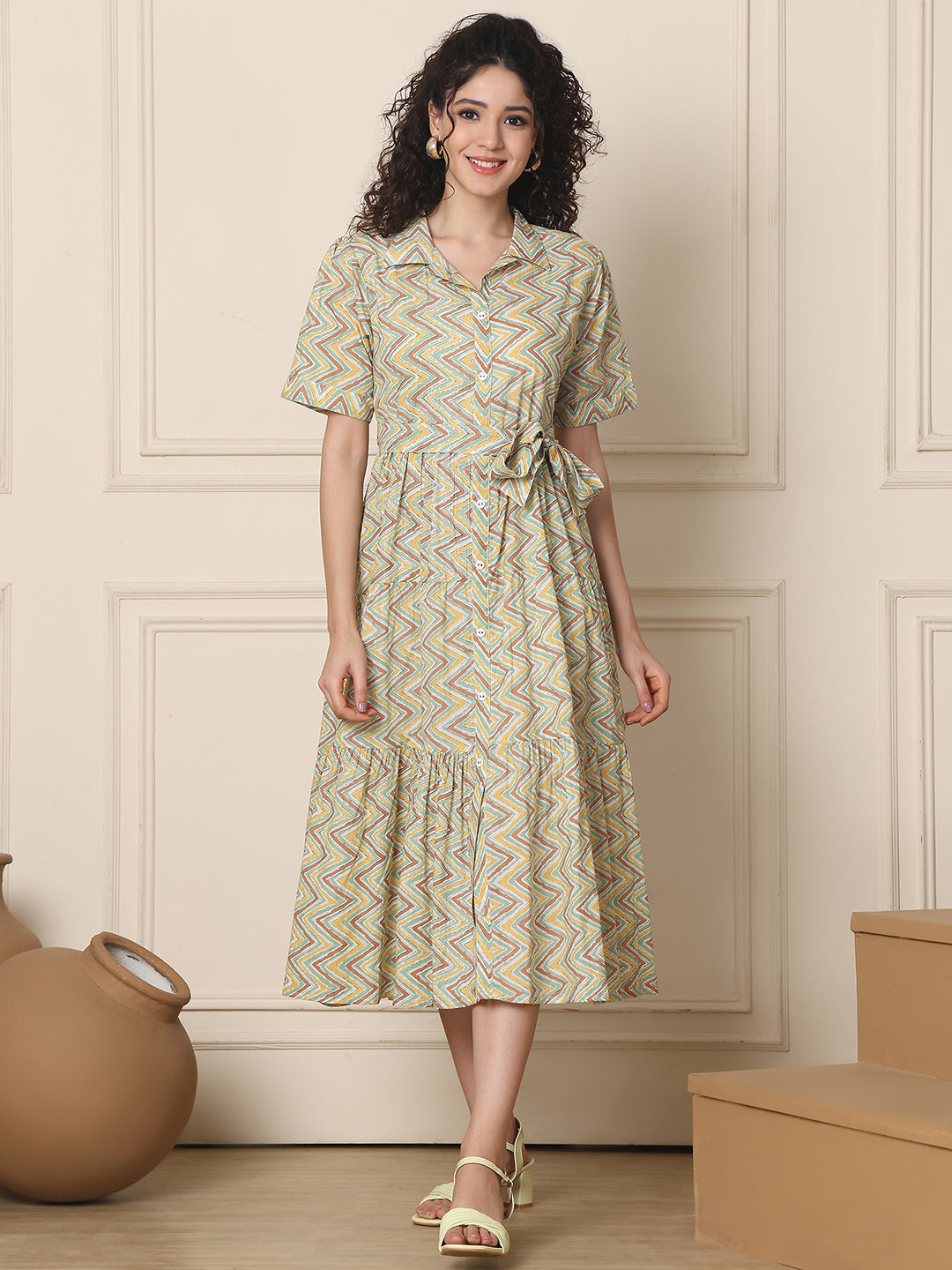 Aawari Pastel ZigZag Print Cotton Shirt Dresses With Waist Tie-Up / Western Wear