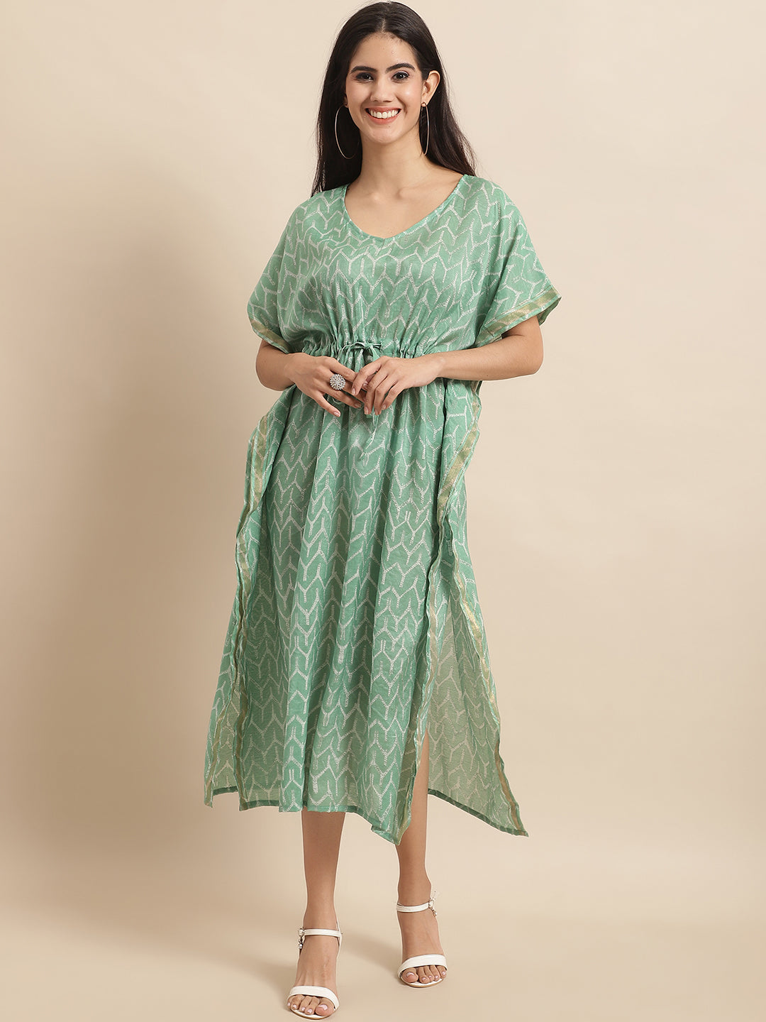 Aawari Women's Mint Green Chanderi Printed Kaftaan Dress with Drawstring Waist