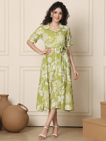 Aawari Olive Green Floral Shirt Dresses With Waist Tie-Up