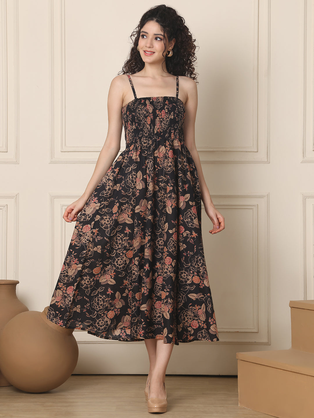 Aawari Cotton Unique Printed Spaghetti Strap Dress - Western Wear
