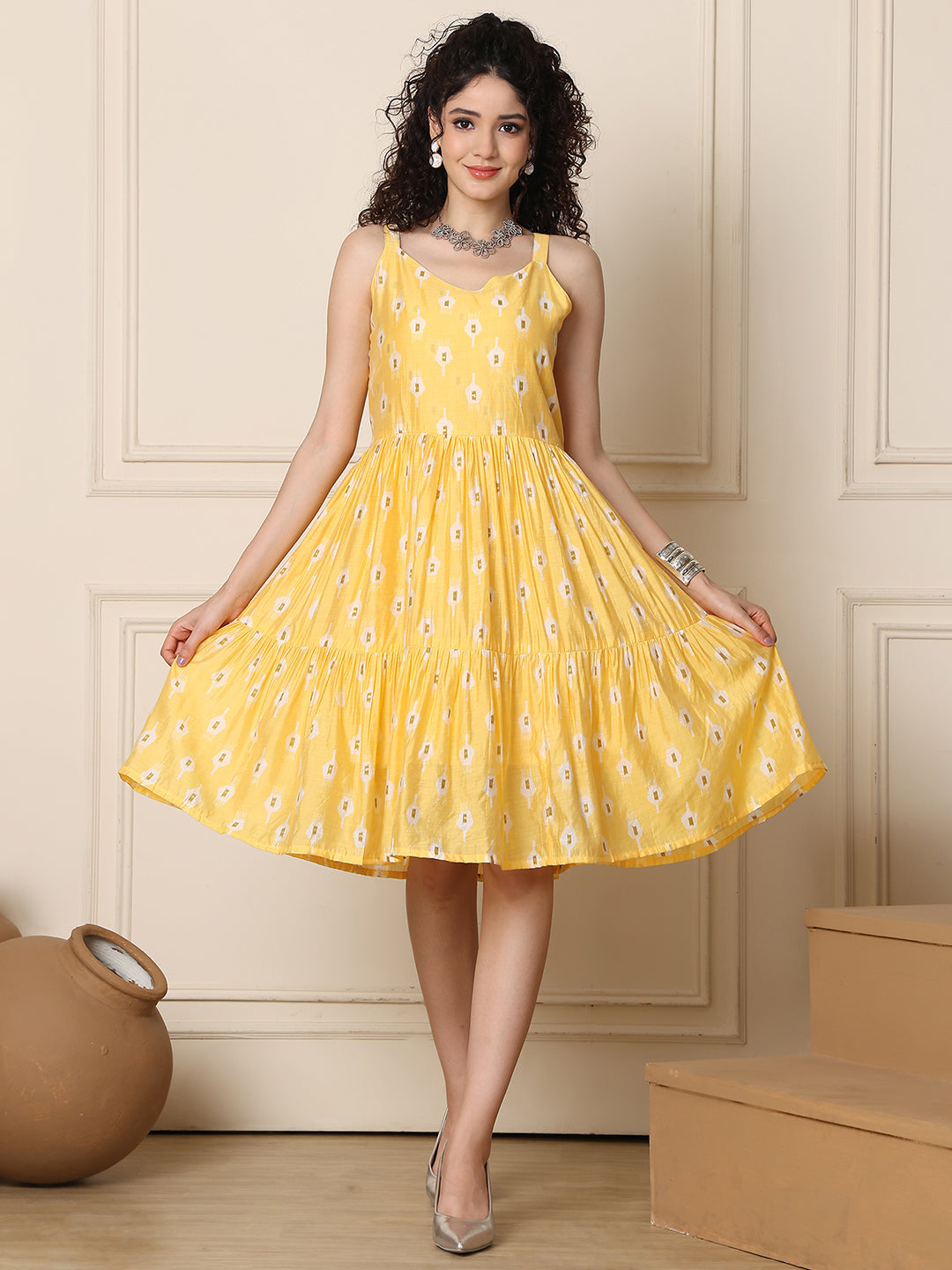 Aawari Chanderi Printed Eye Catching Short Dress - Midi Dresses / Western Wear