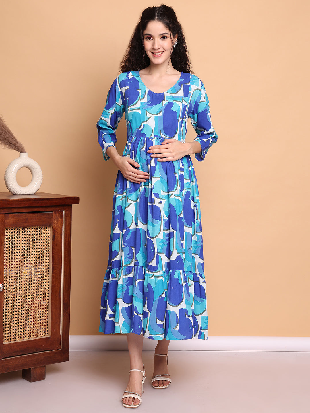 Aawari Blue Abstract Printed Cotton Maternity Dresses with 3/4 Sleeves