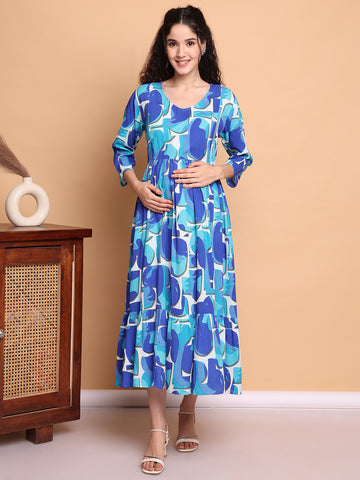 Aawari Blue Abstract Printed Cotton Maternity Dresses with 3/4 Sleeves