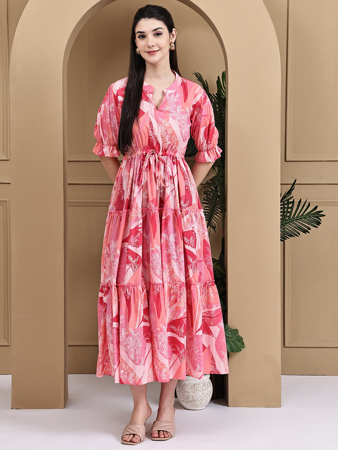Aawari Cotton Pink Flower Printed Knot Dresses / Maxi Dresses / Western Wear