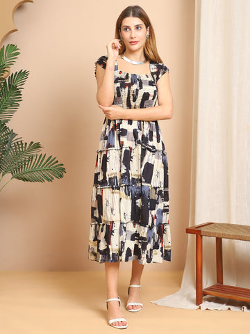Aawari Artistic Abstract Print Cotton Midi Dress For Women