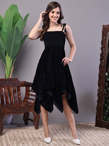 Aawari Junglee Black Velvet Party Midi Dress with Asymmetrical Hemline Midi Dresses / Western Wear