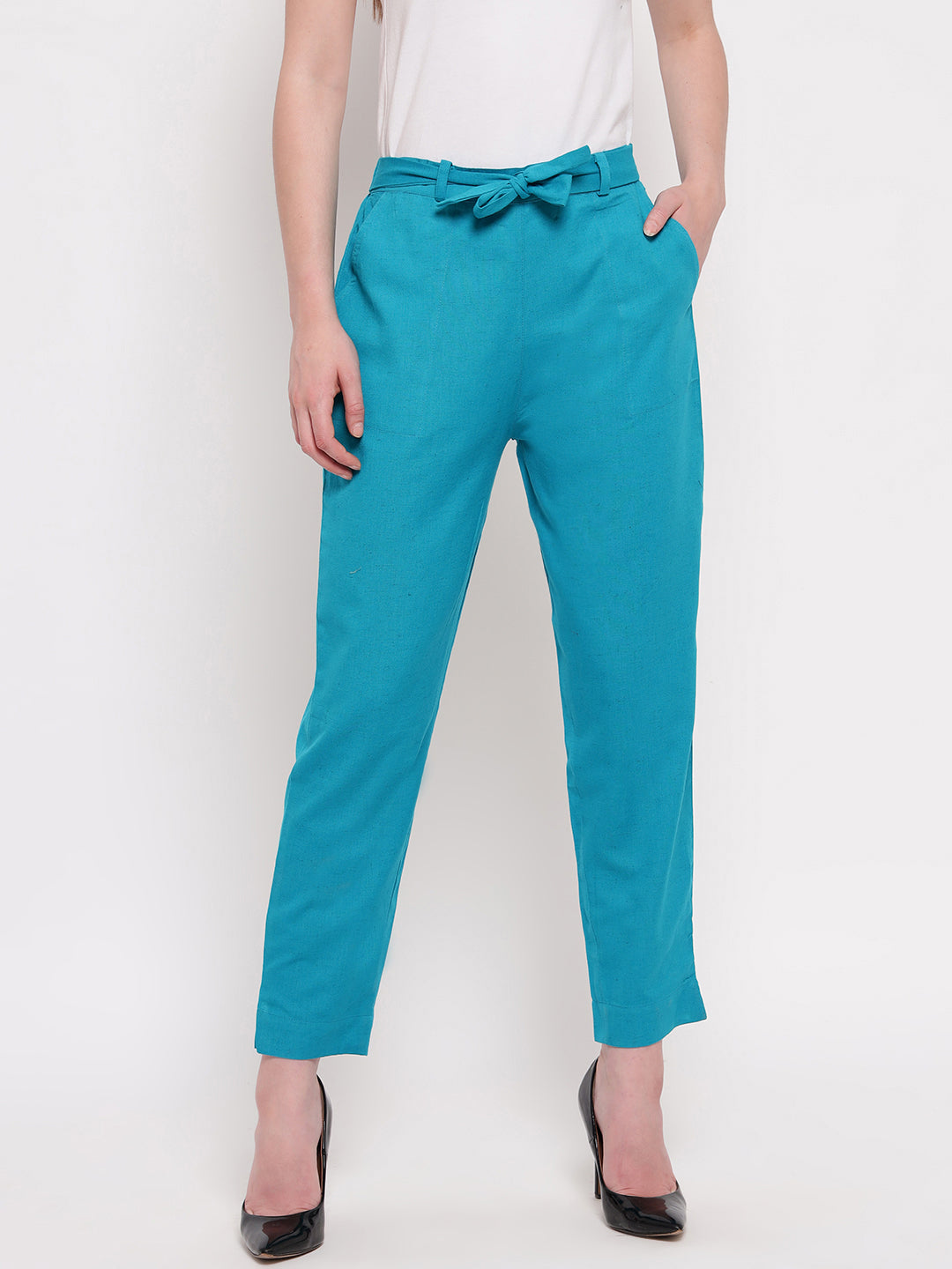 Aawari Women Cotton Solid Belt Pants