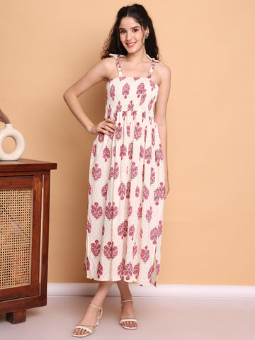 Aawari Elegant Cream & Pink Floral Printed Cotton Bobbin Gown with Tie-Up Straps for Women - Western wear