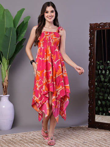 Aawari Orange & Pink Printed Cotton Handkerchief Hem Dress  - Midi Dresses / Western Wear