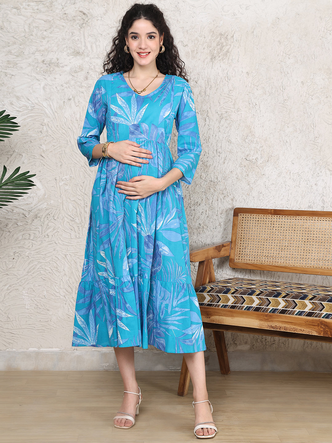 Aawari Sky Blue Leaf Print Cotton Maternity Dresses with 3/4 Sleeves