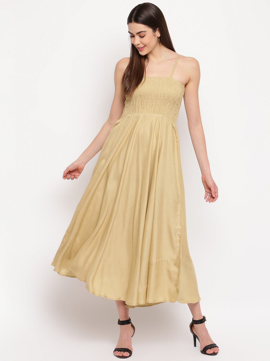 Beige Smocked Rayon Maxi Dress with Spaghetti Straps - Western Wear Aawari Beige Smocked Rayon Maxi Dress with Spaghetti Straps - Western Wear Aawari