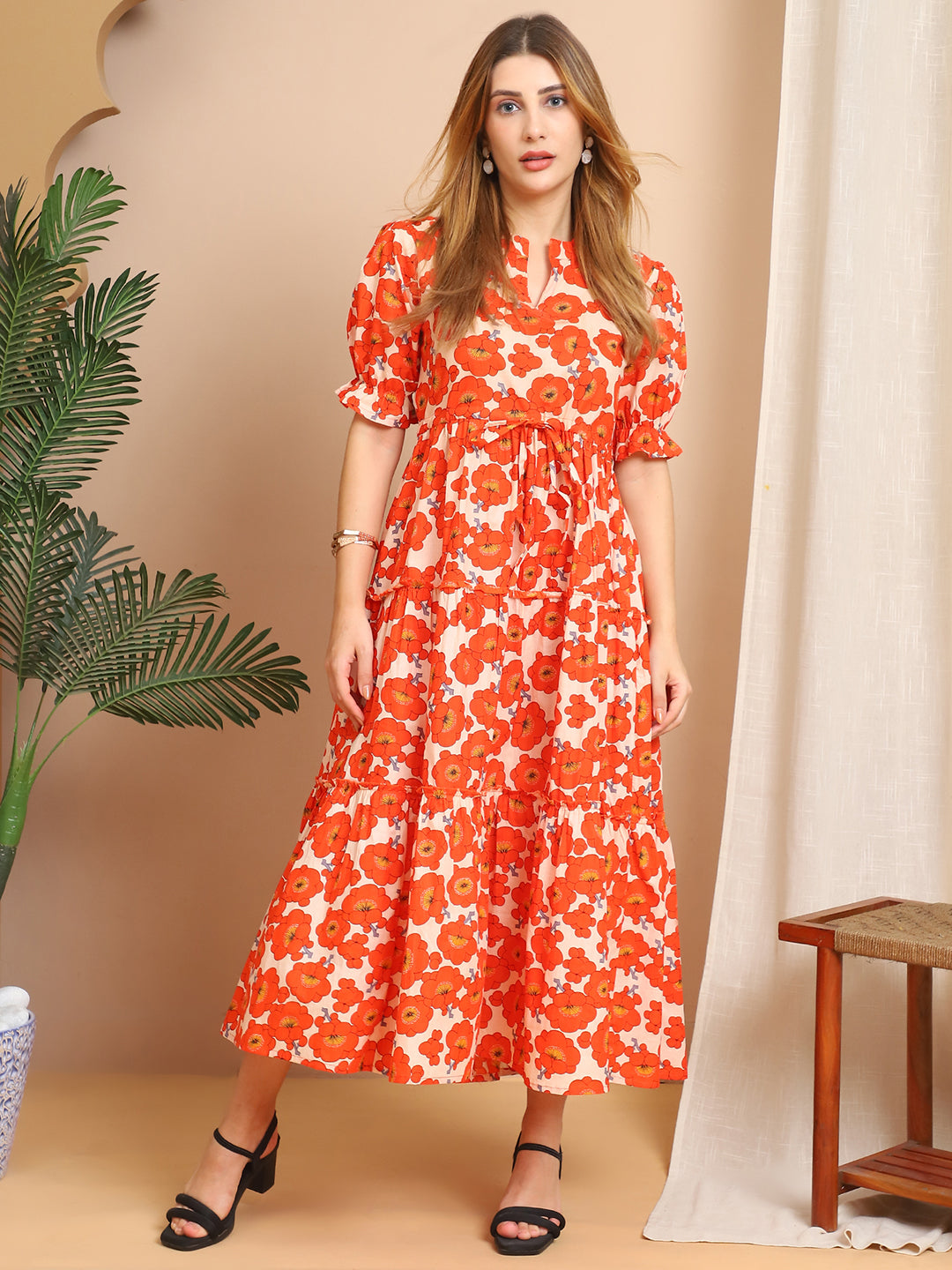 Aawari Orange & White Floral Cotton Tiered Maxi Dress - Dresses / Maxi Dresses / Western Wear