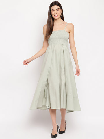 Sage Green Solid Rayon Flared Maxi Dress with Spaghetti Straps - Western Wear
