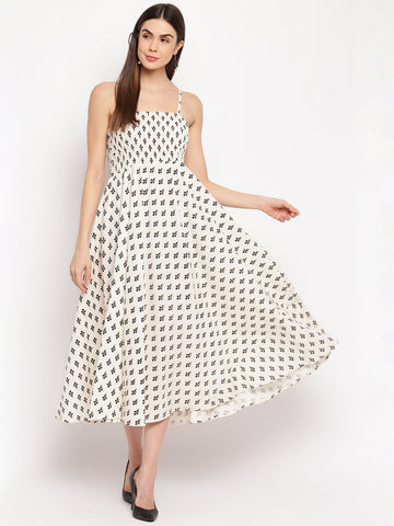 White & Black Printed Rayon Flared Maxi Dress with Spaghetti Straps - Western Wear - Maxi Dresses