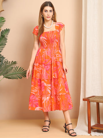 Aawari Cotton Smocked Midi Dresses for women - Tropical Orange Printed Summer Wear