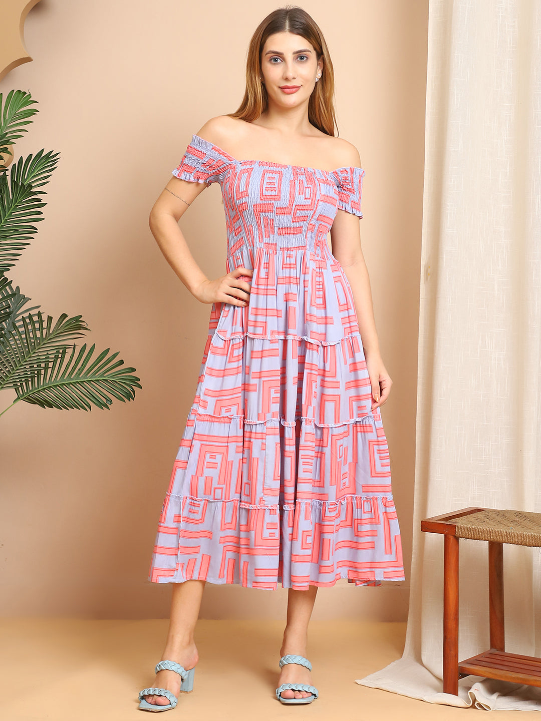 Aawari Off-Shoulder Smocked Rayon Dresses - Pink & Blue Geometric Print / Maxi Dresses / Western Wear