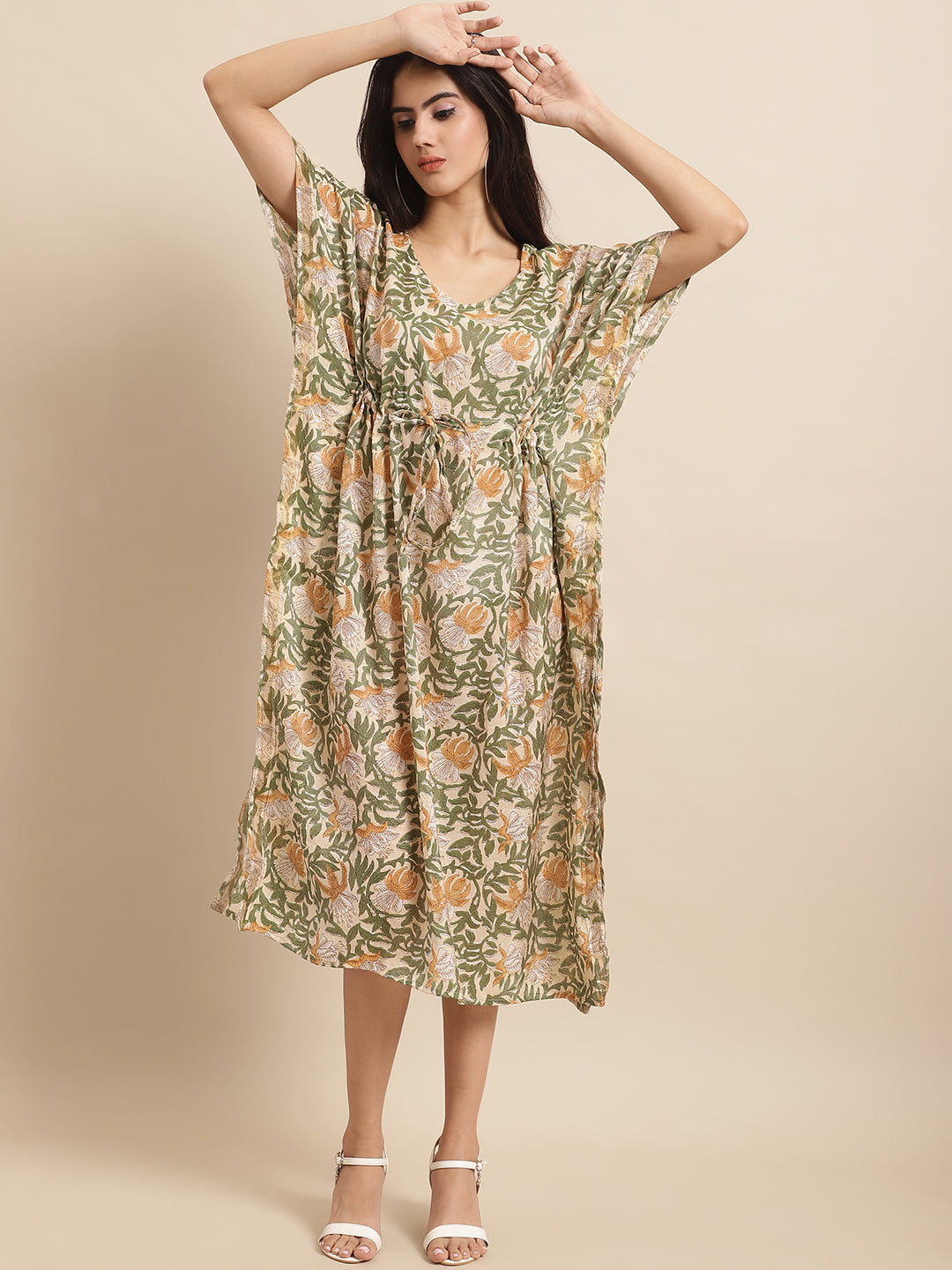 Aawari Floral Printed Green Chanderi Midi Dress with V-Neck & Short Sleeves - Kaftaan