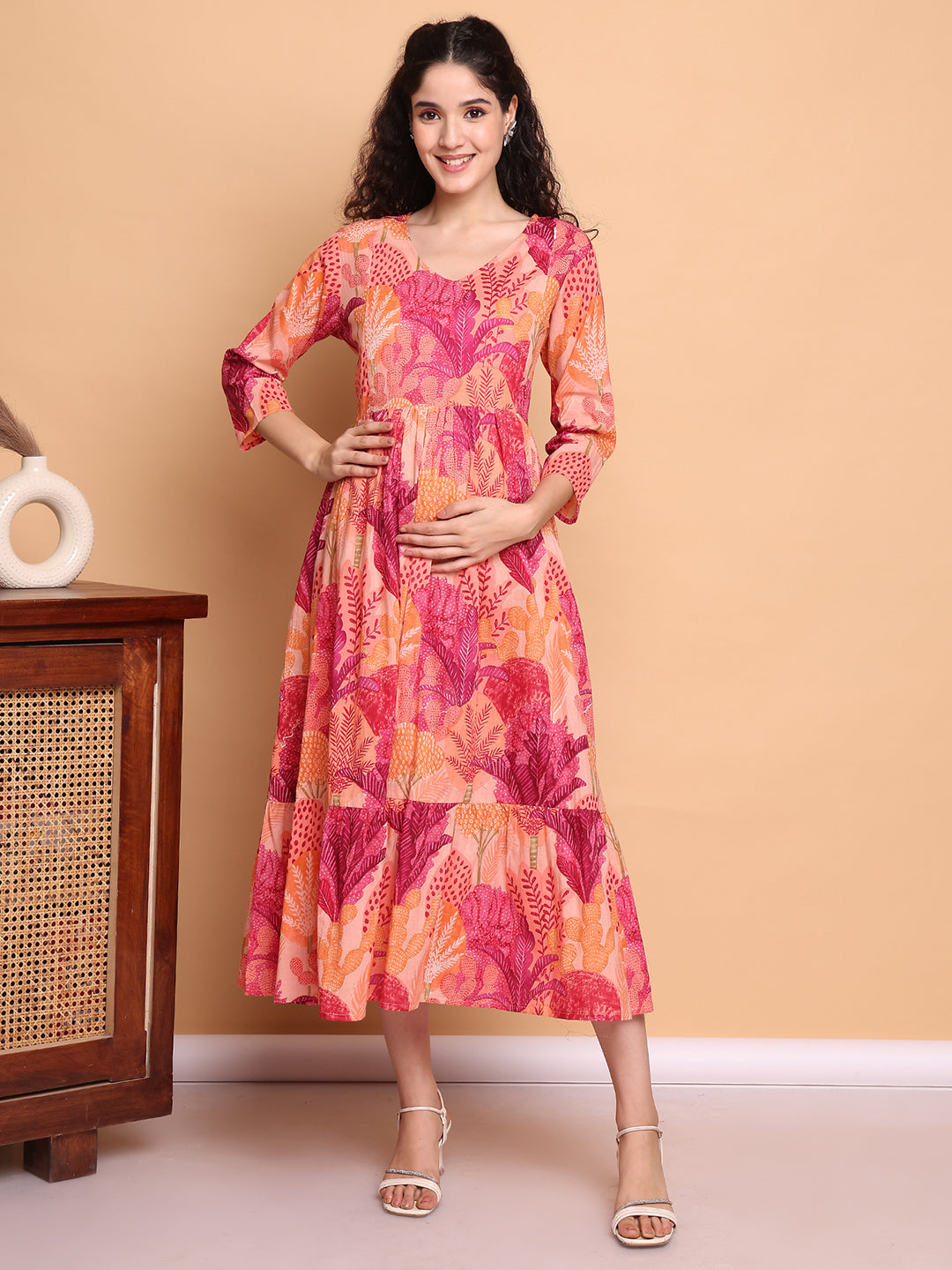 Aawari Peach & Pink Leaf Print Cotton Maternity Dresses with Tiered Hem