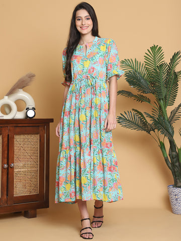 Aawari Women Cotton Printed Knot Dresses / Maxi Dresses / Western Wear