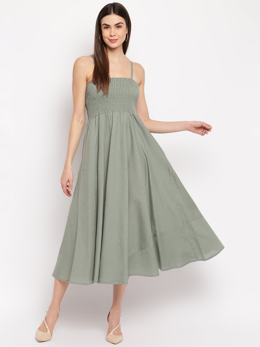 Dusty Olive Green Smocked Flared Rayon Maxi Dress for Women -  Western Wear