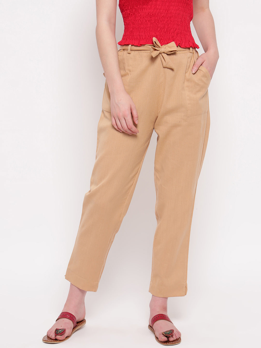 Aawari Women Cotton Solid Belt Pants