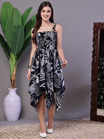 Aawari Black & White Leaf Print Cotton Handkerchief Hem Dress - Midi Dresses / Western Wear