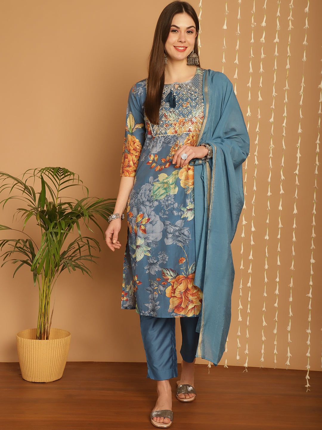 Aawari Women Chanderi Printed Three Piece Suit Sets