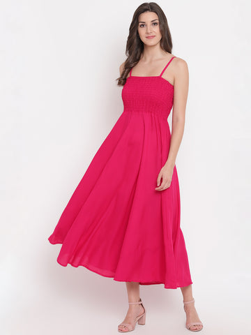 Hot Pink Solid Smocked Flared Rayon Maxi Dress for Women -  Western Wear