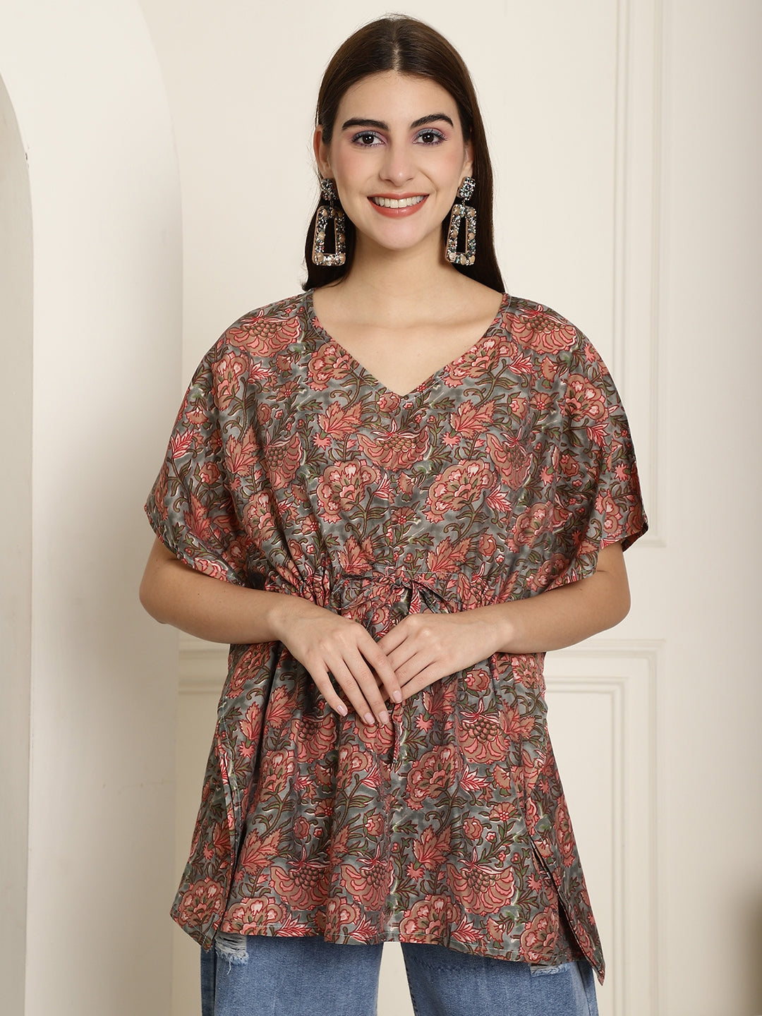 Women's Floral Print Cotton Kaftaan Top with Drawstring Waist