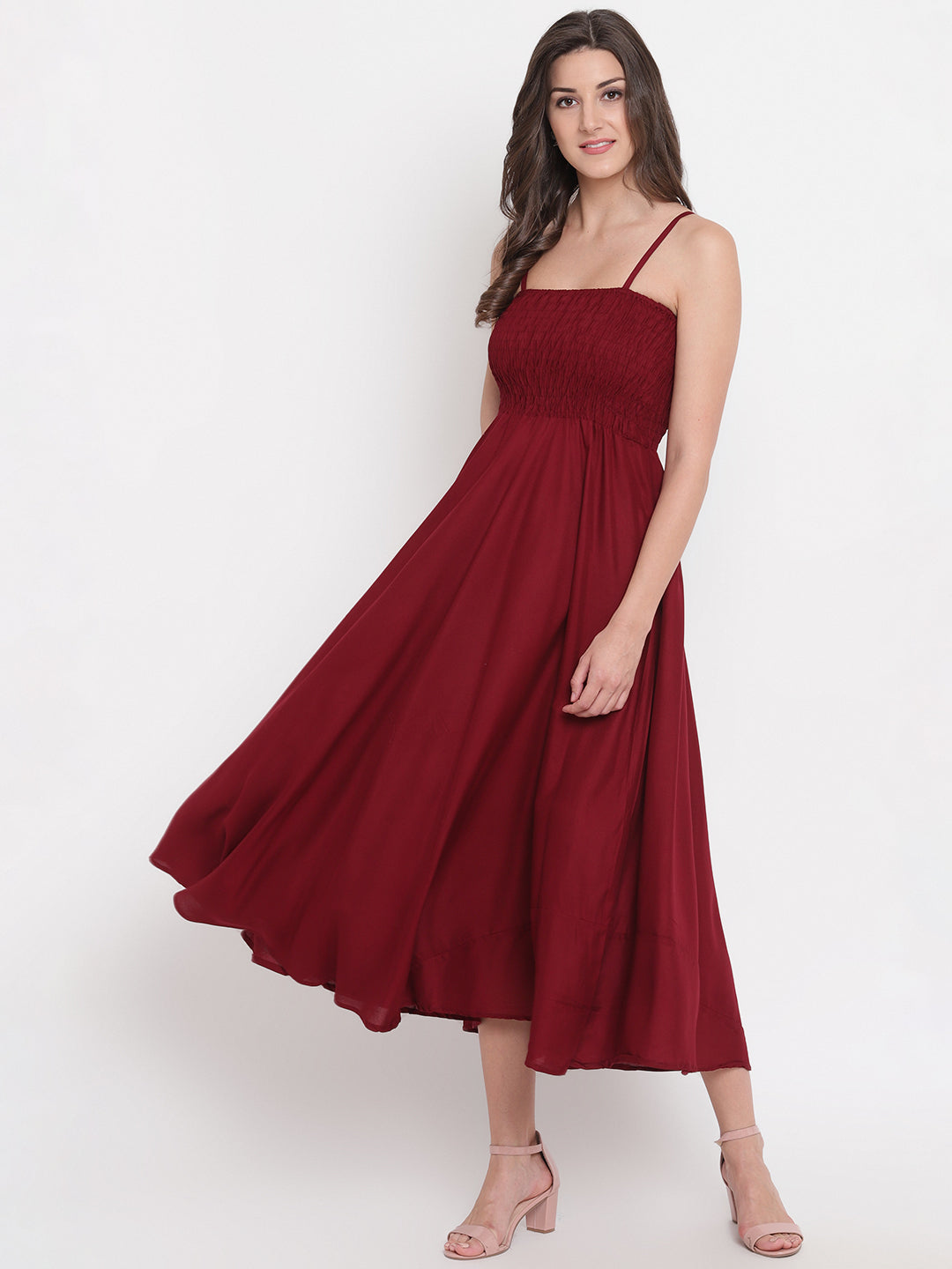 Wine Red Solid Rayon Flared Maxi Dress with Smocked Bodice & Spaghetti Aawari Wine Red Solid Rayon Flared Maxi Dress with Smocked Bodice & Spaghetti Aawari