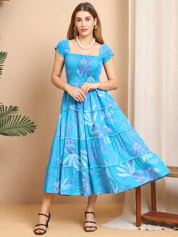 Aawari Tropical Teal Leaf Printed Cotton Smocked Dresses