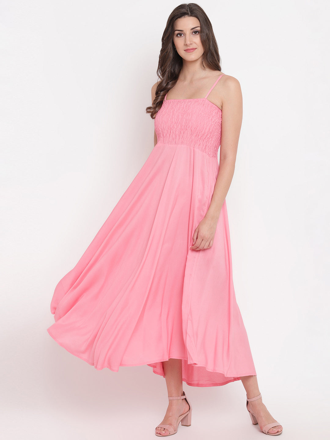 BabyPink Smocked Rayon Maxi Dress with Spaghetti Straps - Western Wear