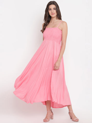 BabyPink Smocked Rayon Maxi Dress with Spaghetti Straps - Western Wear
