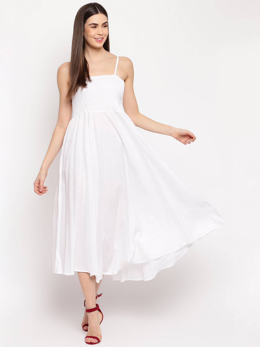 Aawari Fit & Flare Solid Bobbin Dress ( WHITE ) - Western Wear Aawari Fit & Flare Solid Bobbin Dress ( WHITE ) - Western Wear