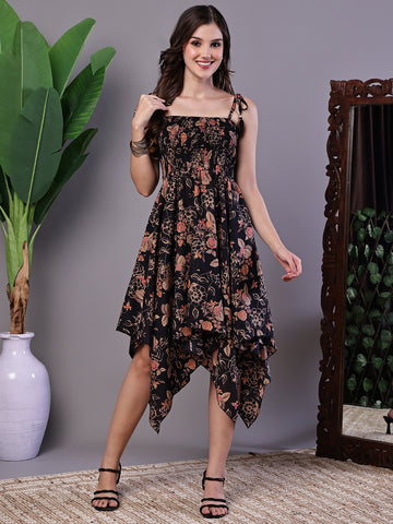 Aawari Junglee Black Floral Handkerchief Hem Cotton Dress - Midi Dresses / Western Wear